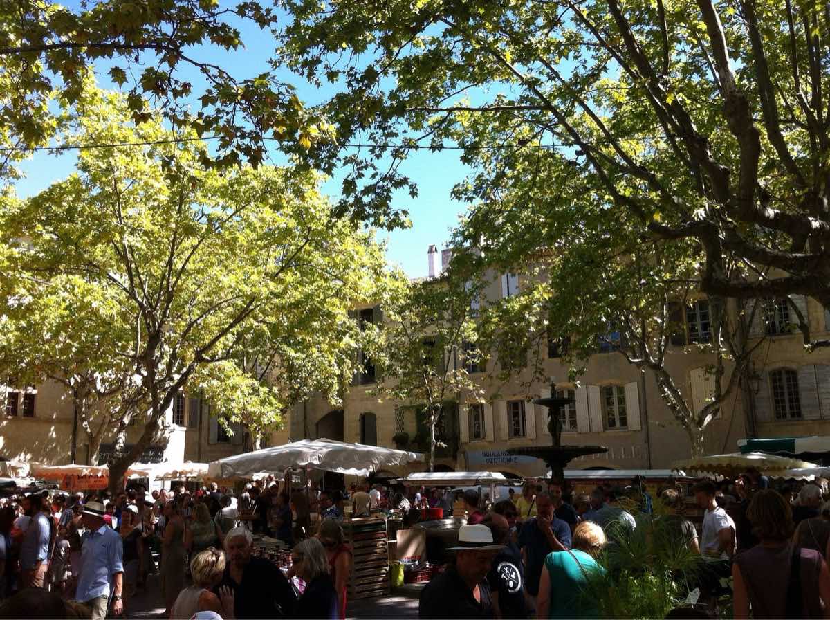 Foule et parasols sous les platanes de la Place aux Herbes un jour de marché